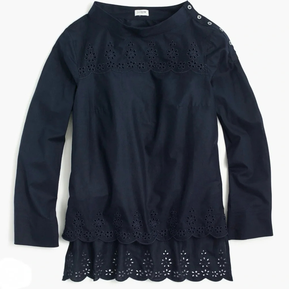 J. Crew Eyelet 100% Cotton Top Navy Blue Lace Cottagecore Lightweight Feminine